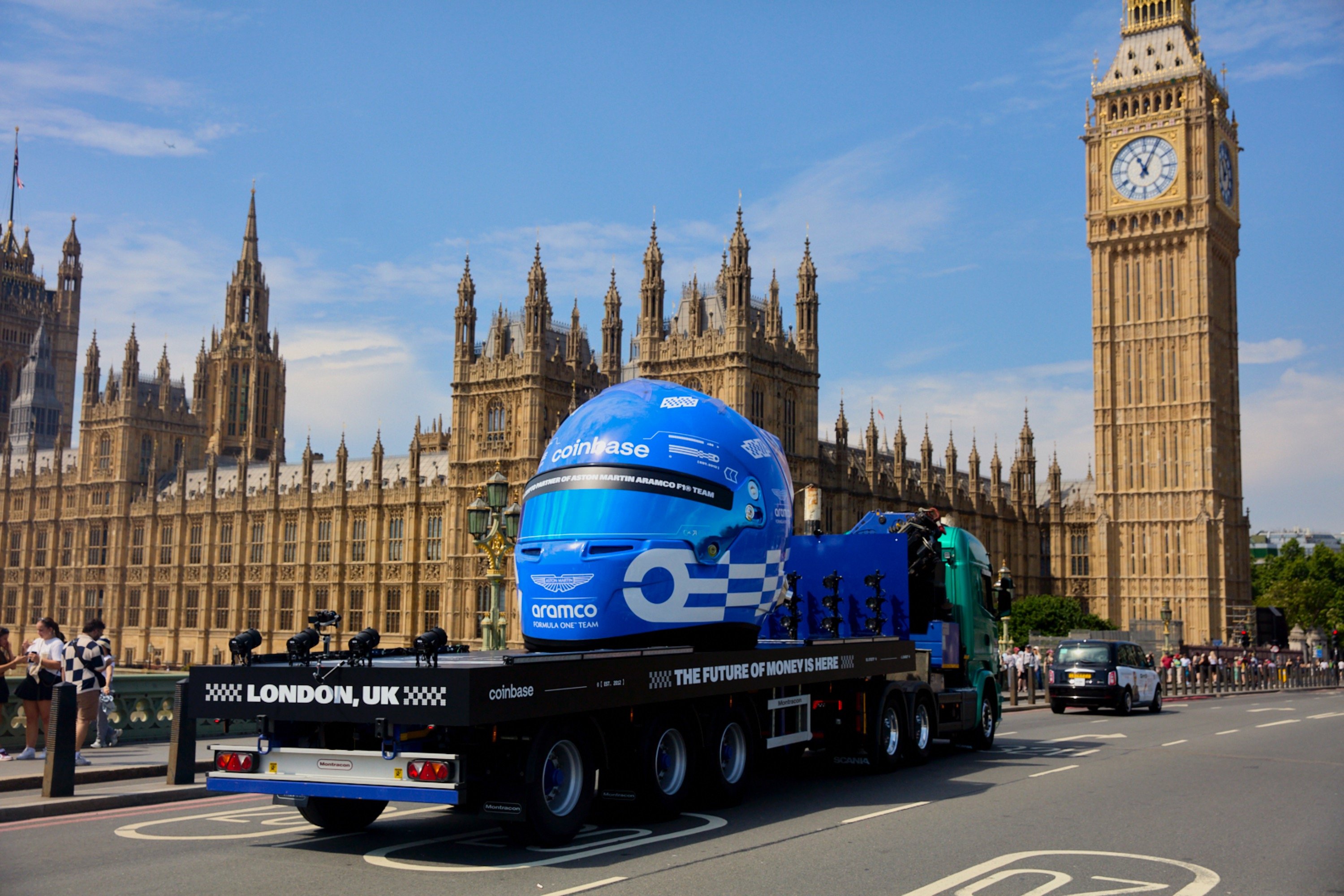 Coinbase and Aston Martin Aramco Formula One™ just debuted a giant F1 helmet in London