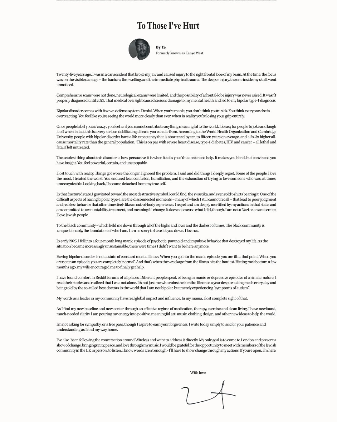 Read Ye’s latest statement regarding his Wireless performances