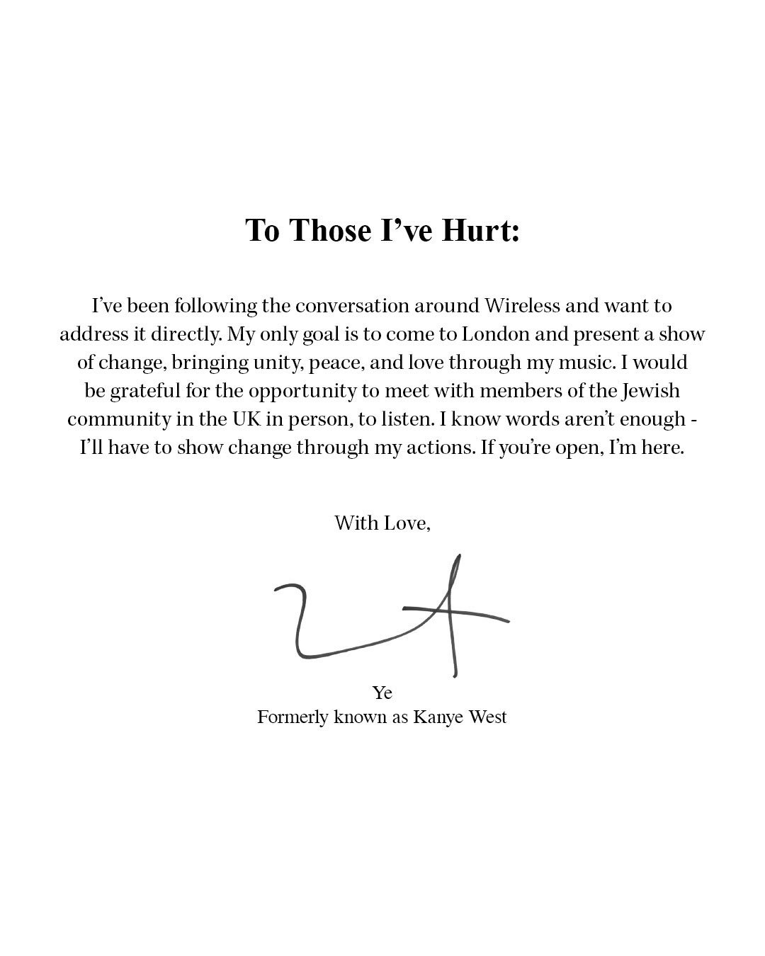 Read Ye’s latest statement regarding his Wireless performances